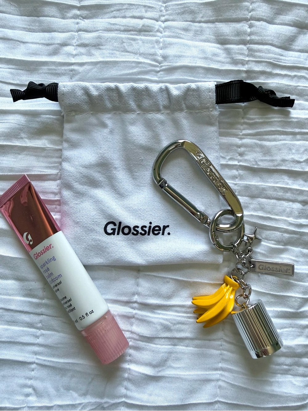 Limited Edition Glossier Balm Dotcom Keychain and Sparkling Rose Balm Dotcom